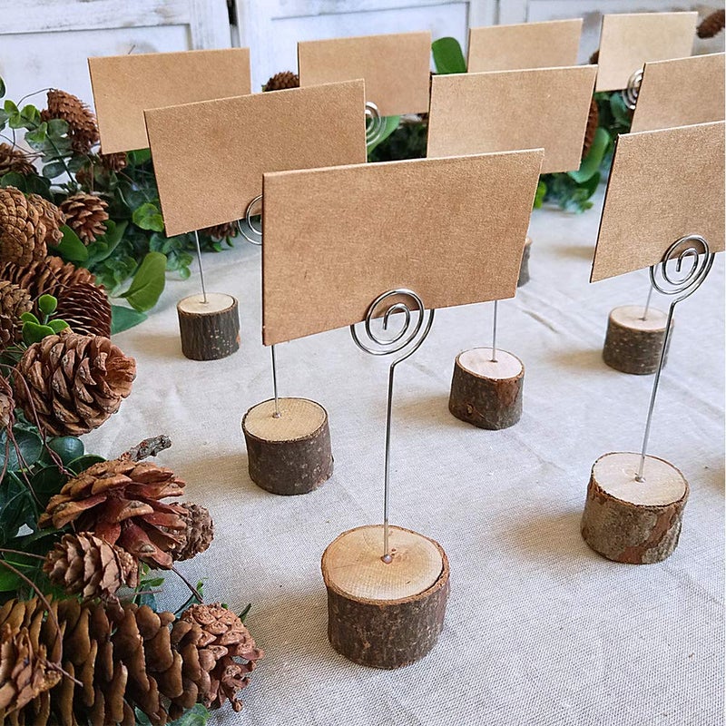 Supla 20 Pcs Rustic Wood Place Card Holders with Swirl Wire Wooden Bark Memo Holder Stand Card Photo Picture Note Clip Holders 5.8" and Kraft Place Cards Bulk for Wedding Party Table Number Name Sign - Image 4